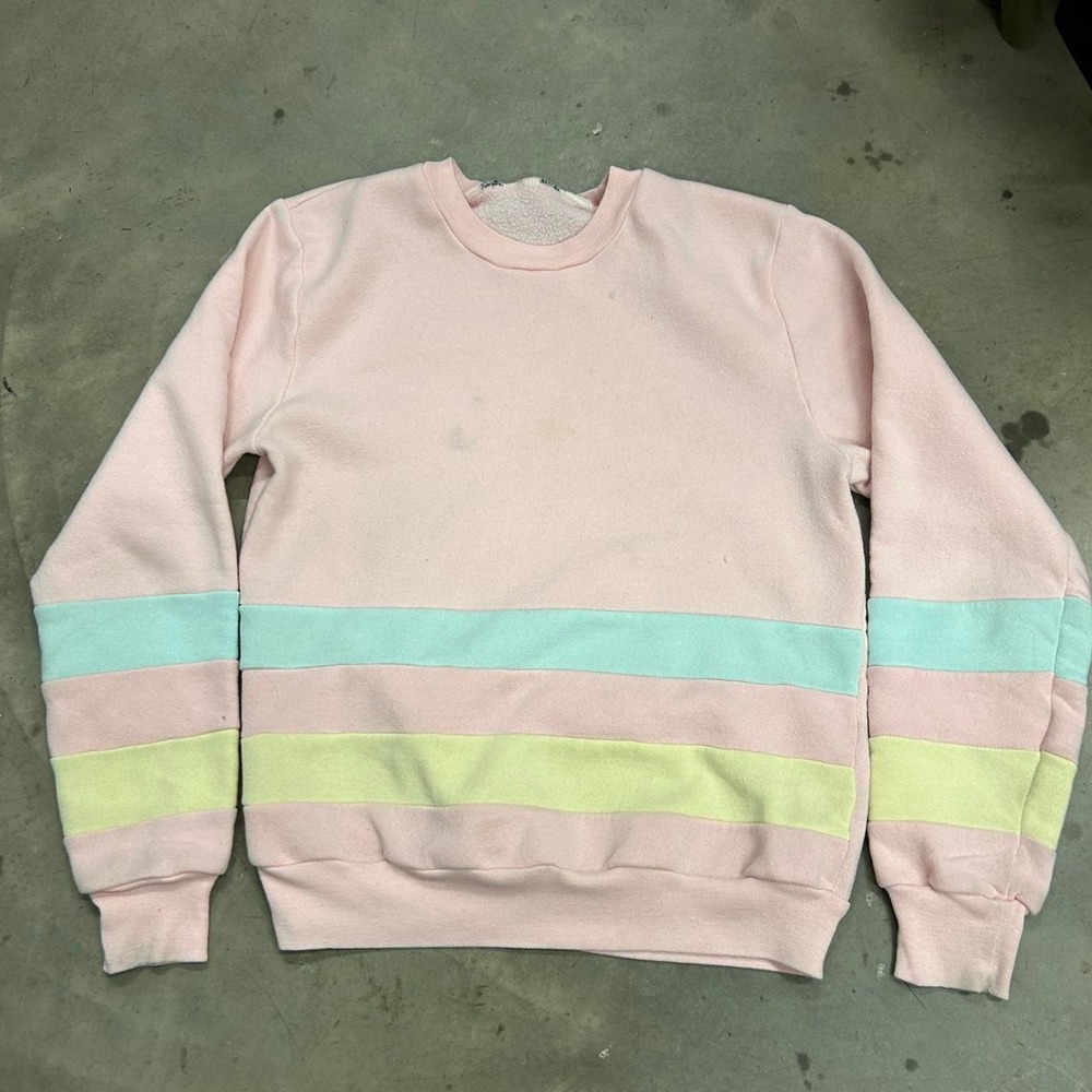 Vintage 80s 90s Pastel Pink Striped Pullover Women's Small Crewneck Sweatshirt